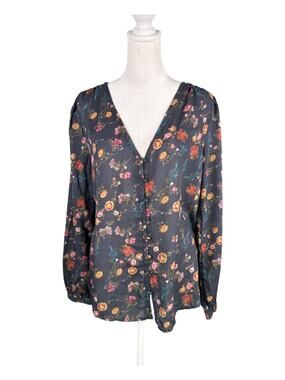 Lucky Brand M Button Up Peasant Top Dark Blue Grey Floral Long Sleeve Blouse